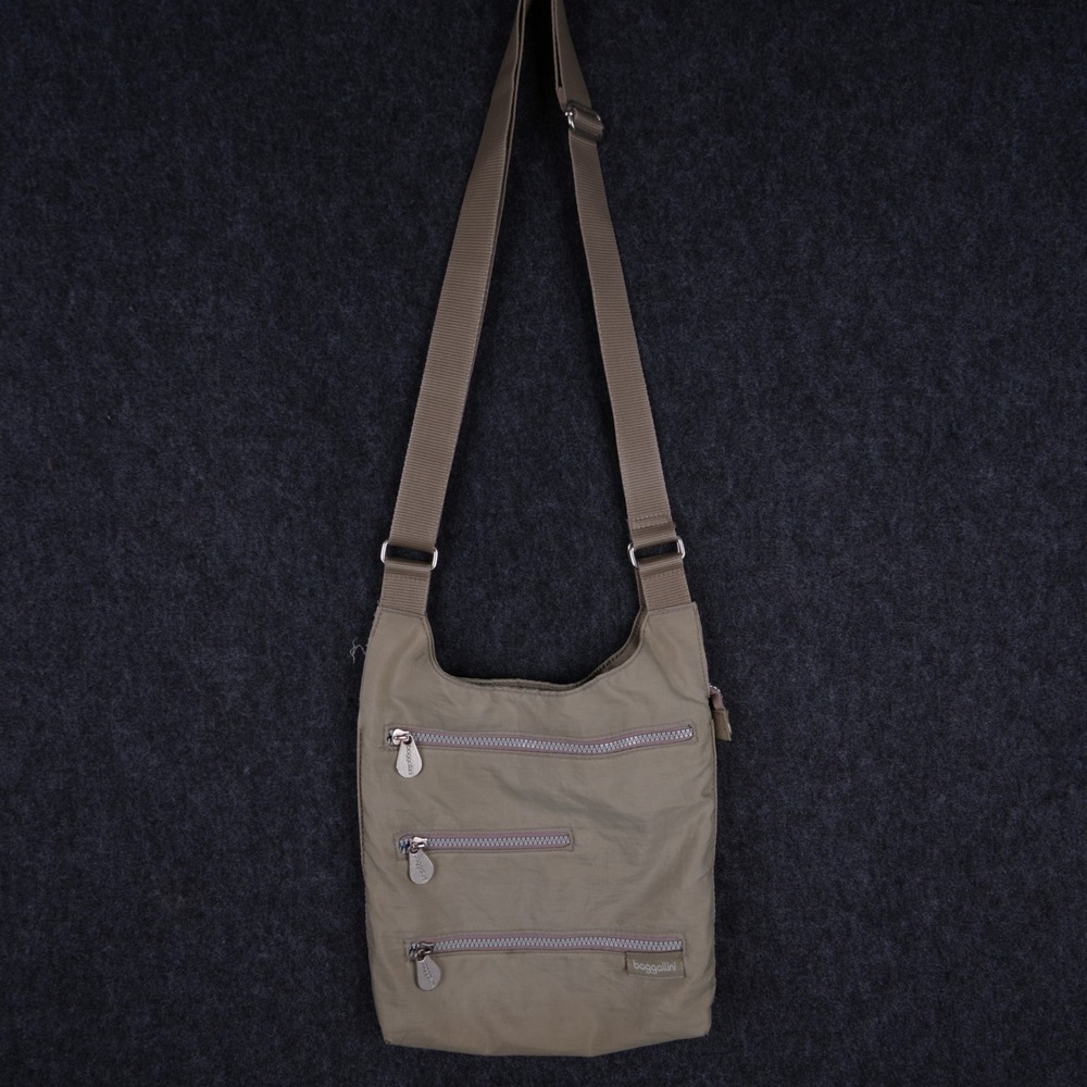 Baggallini Crossbody Bag Women Khaki Tan Good Nylon Multi Zip Travel Purse